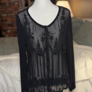 Vintage Black Sheer Soft Surroundings Fully Beaded Top L